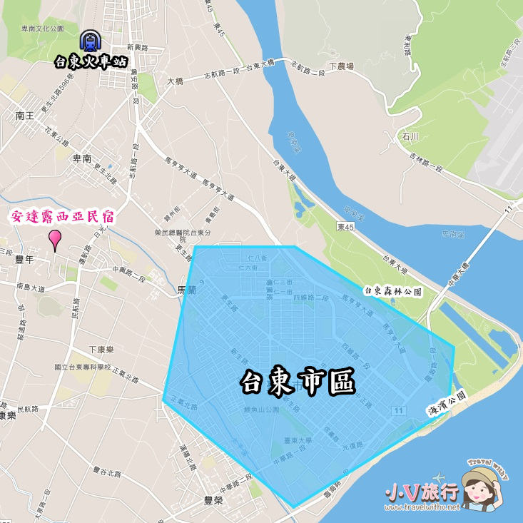 台東安達露西亞民宿 Google 地圖位置,鄰近台東火車站與市區。