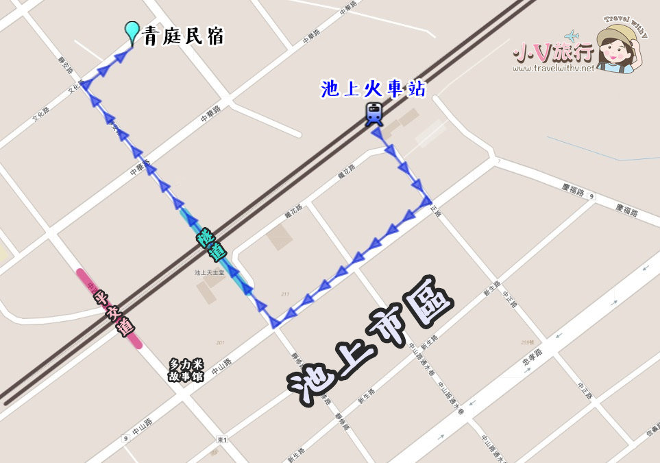 池上青庭民宿交通地圖,位於池上火車站後站,步行約10分鐘